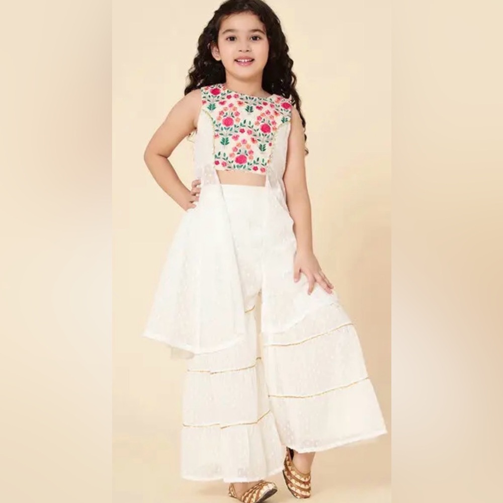 A.TUN Girls White Floral Embroidered Sharara Set Tunic Tiered Pants Size 11-12Y